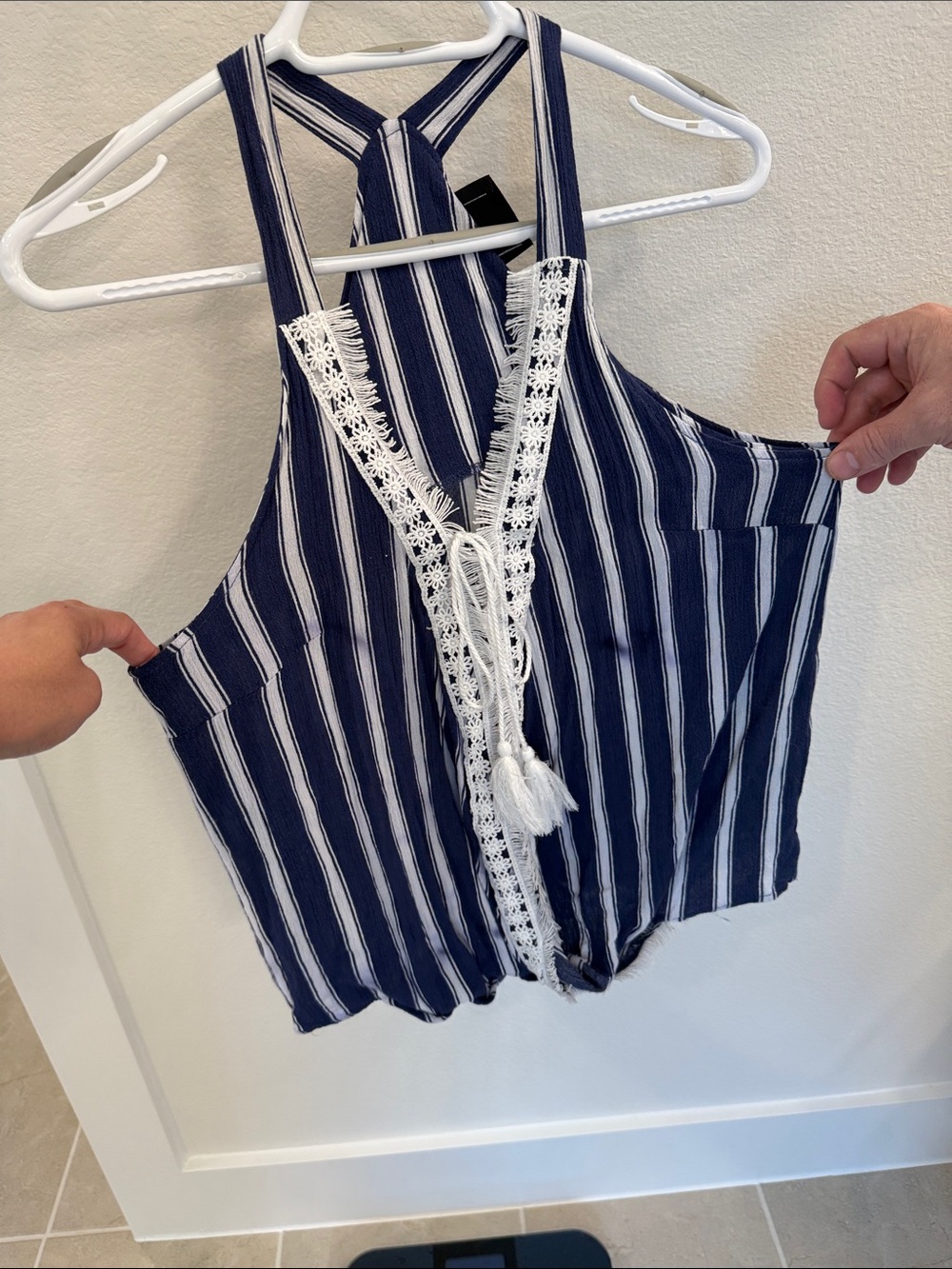 Navy & White Striped Lace-Trim Halter Tank